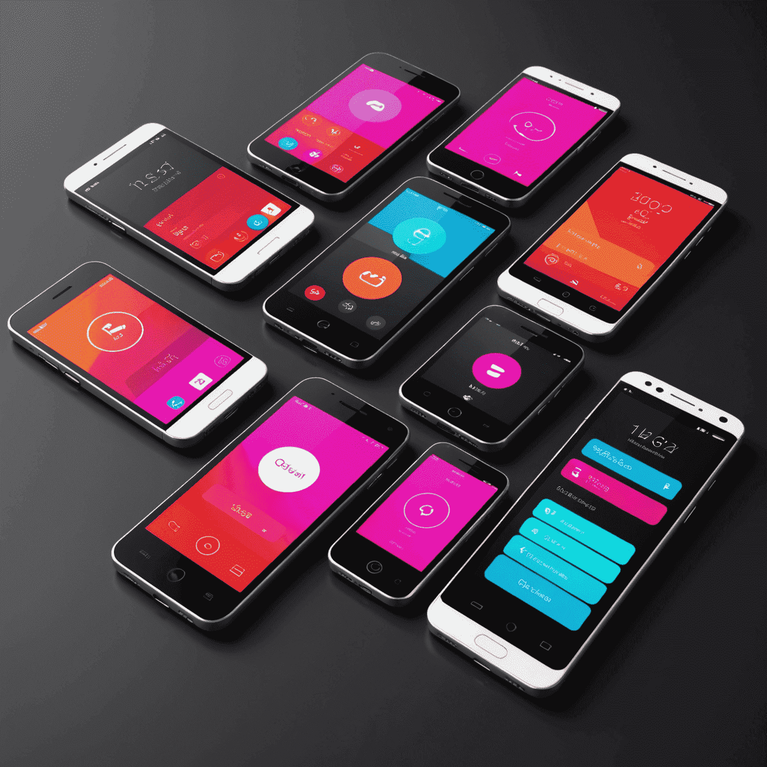 صورة توضيحية لواجهات مستخدم حديثة للهواتف المحمولة، تعرض تصميمات مبتكرة وألوان زاهية مع تركيز على الأحمر والوردي والأسود والأبيض