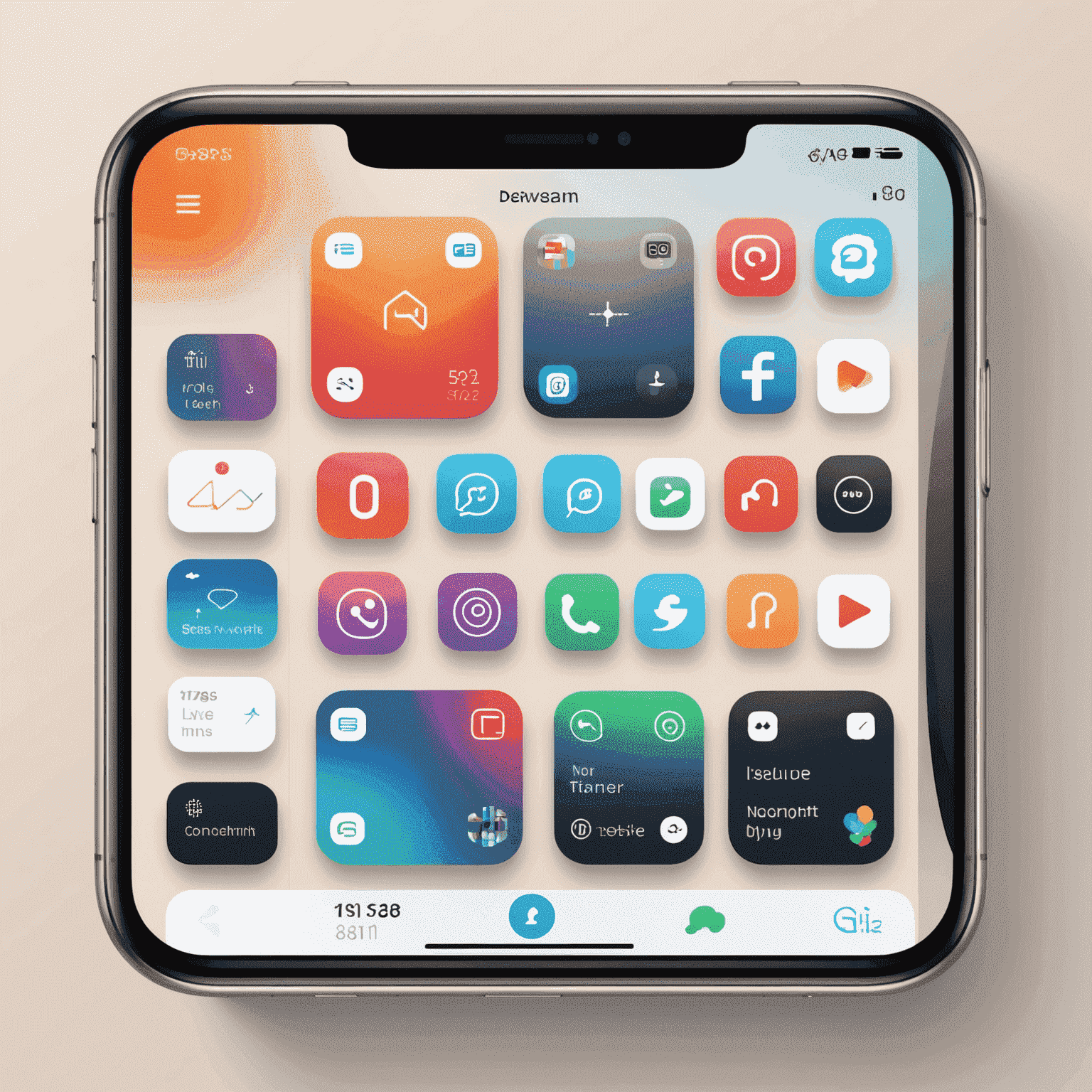 واجهة مستخدم iOS تعرض الشاشة الرئيسية مع أيقونات التطبيقات المميزة والتصميم البسيط