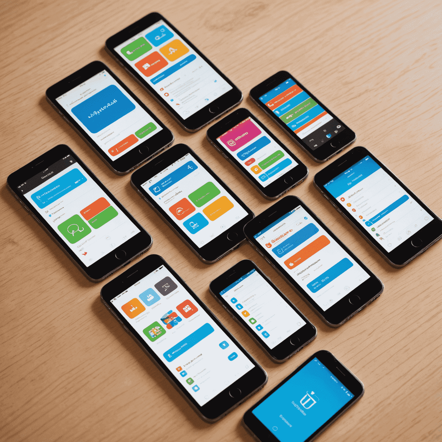صورة توضيحية لتطوير تطبيقات الهواتف الذكية، تظهر شاشات متعددة لأجهزة iOS وAndroid مع واجهات مستخدم مختلفة وشعارات لغات البرمجة