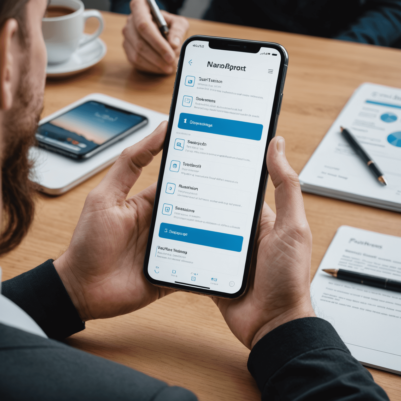 شخص يختبر تطبيقًا على هاتف ذكي مع شاشات متعددة في الخلفية تعرض مختلف مراحل الاختبار