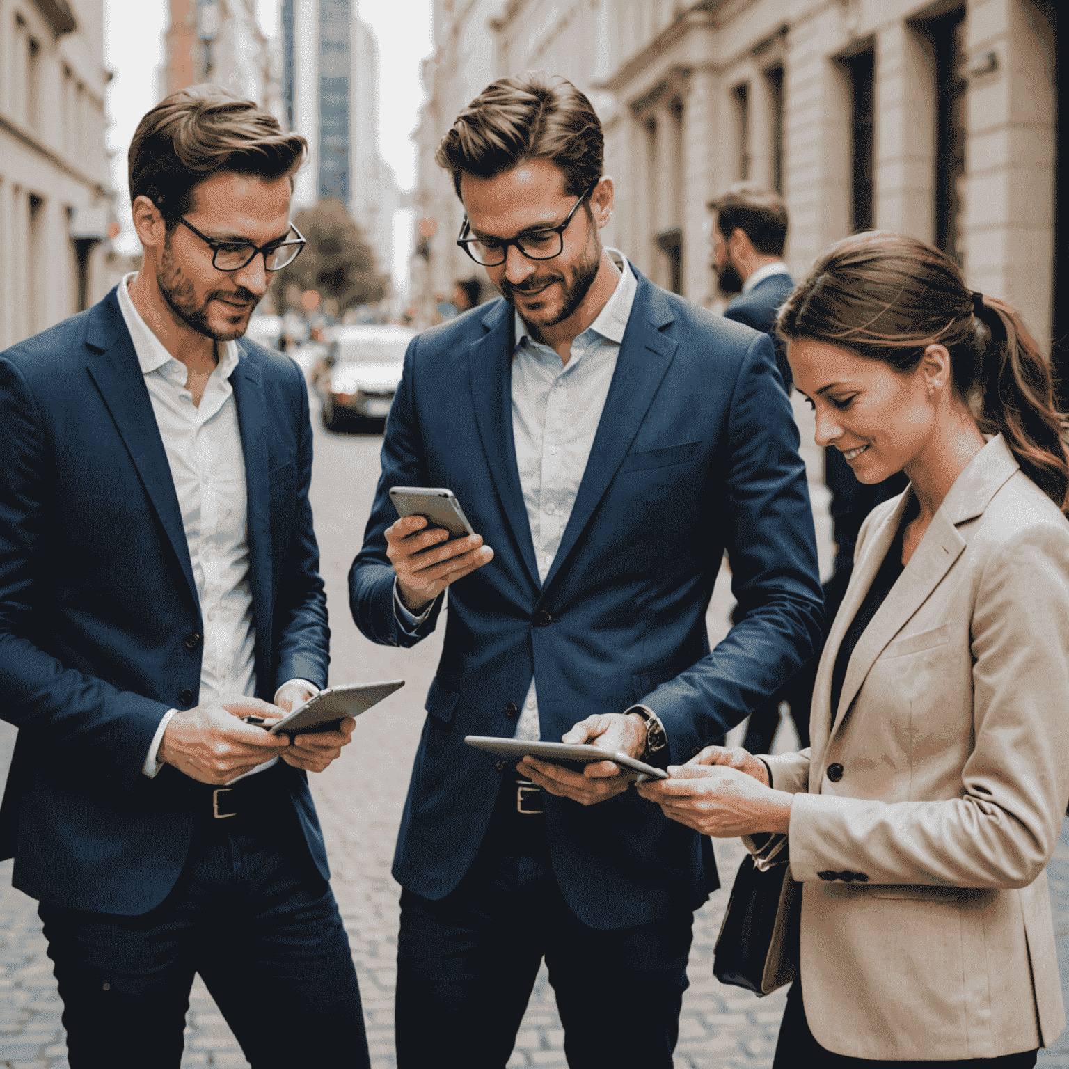 خبراء استشارات الهاتف المحمول يعملون على أجهزة لوحية وهواتف ذكية، يناقشون استراتيجيات الجوال