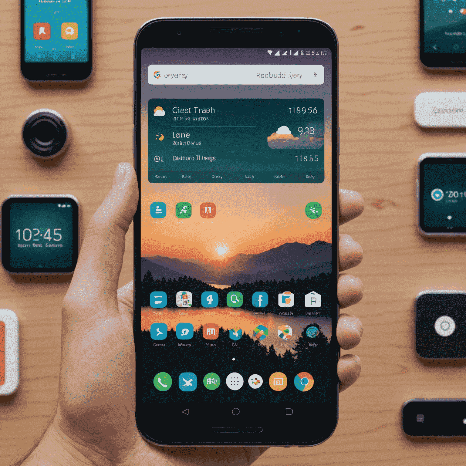 واجهة مستخدم Android تعرض الشاشة الرئيسية مع القابلية للتخصيص وويدجات مختلفة