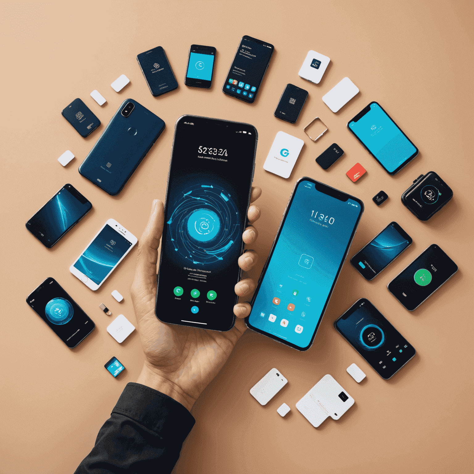 مجموعة متنوعة من الأجهزة المحمولة والتقنيات الحديثة، بما في ذلك شرائح SIM UAE وأجهزة 5G